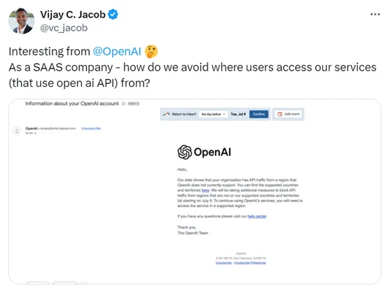 突发！OpenAI停止不支持国家API，7月9日开始执行